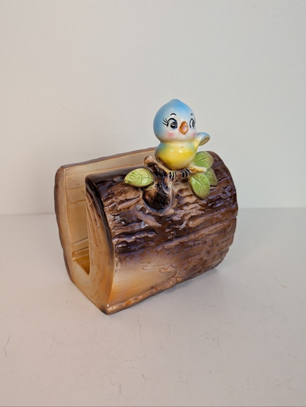 Vtg Norcrest Anthropomorphic Baby Blue Bird on Log Napkin Holder Stand Kitschy